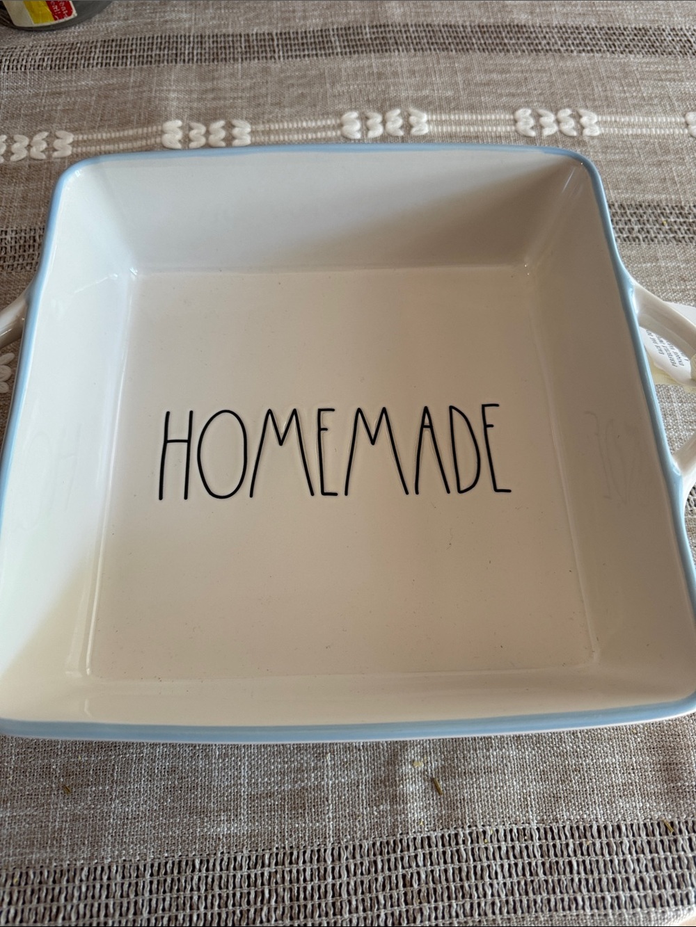 Rae Dunn White Ceramic Baking Dish with Light Blue Trim - HOMEMADE
